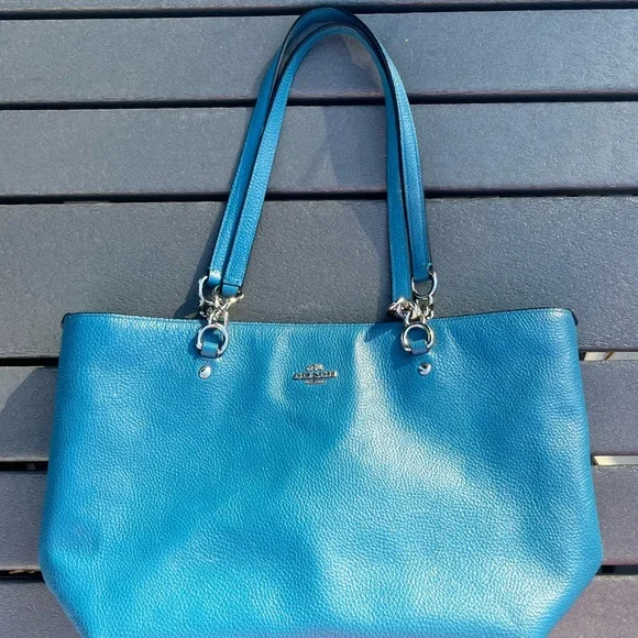 Coach; Vibrant Teal/Blue Leather Tote; Minor Wear; Duel Handles;14x3x8in - Picture 1 of 10